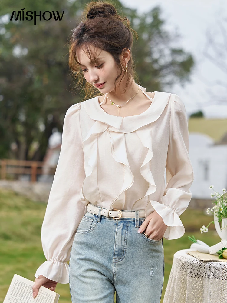 

MISHOW French V-neck Ruffled Chiffon Shirt 2024 Spring Lace Up Hanging Neck Korean Solid Loose Fit Blended Fabric Top MXD13X1336