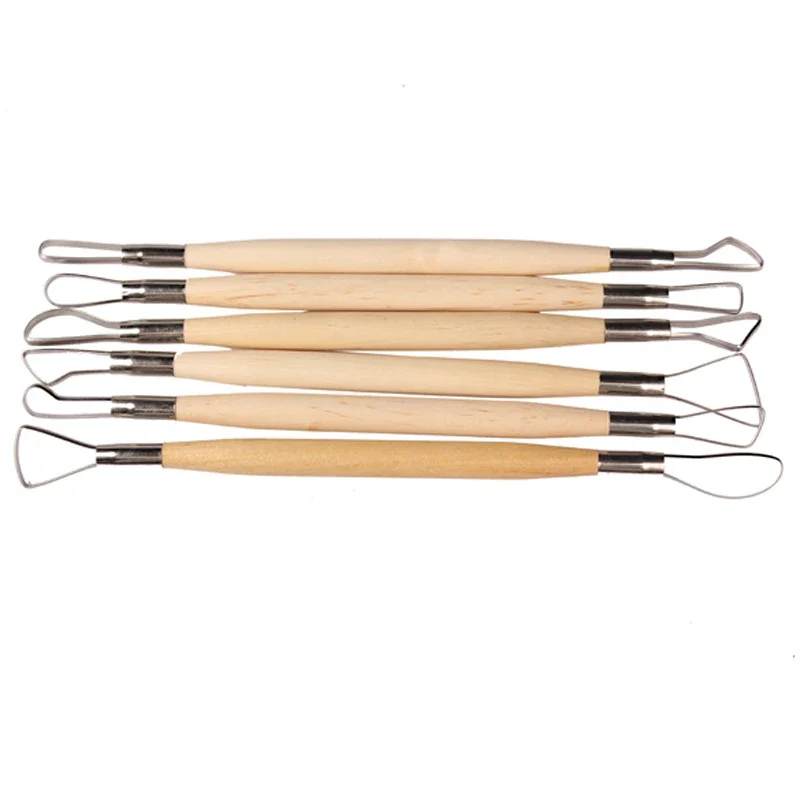 6PCS Wood Handle Wax Pottery Clay Sculpture Carving Tool DIY Craft Set Wood Knife Handle Sculpture Carving Wax Tool