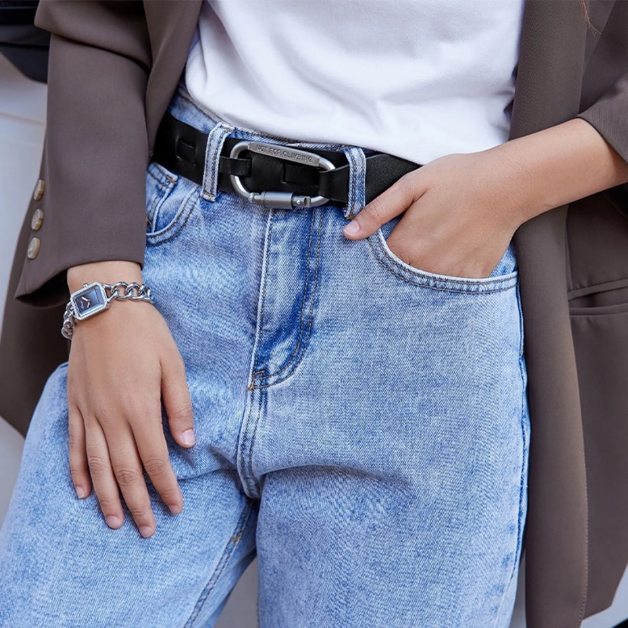 Punk Metal Carabiner Split Leather Belt For Coat Jeans Dress