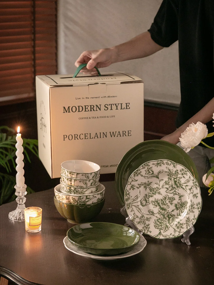 フランス風レトロ陶器食器セット グリーン＆ホワイト 電子レンジ・食洗機OK レトロなグリーンセラミック食器セット,フランス風,熱帯雨林