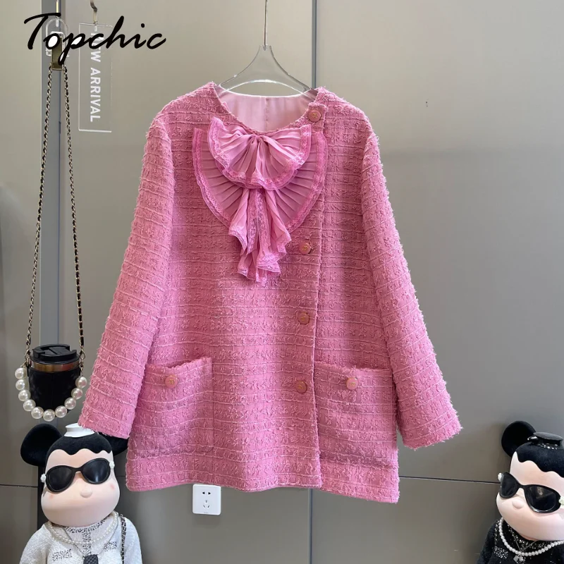 

Autumn Winter Brand Designer Luxury Tweed Jacket Coat Women 2023 Korean Fashion Elegant Big Bow Pink Woolen Coats Outwear