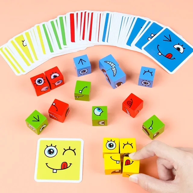 Cube Face Change Building Blocks Board Game Wood Puzzle Montessori Expression Wooden Blocks Blocos for Children Kids Toys Gift 3
