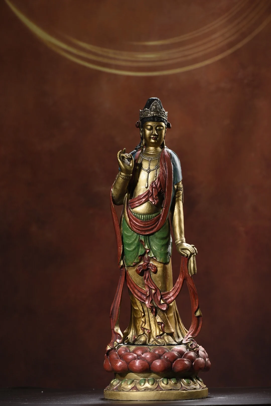 

18"Tibet Temple Collection Old Bronze Painted Guanyin Bodhisattva Standing Buddha Double Lotus Platform Worship Hall Town house