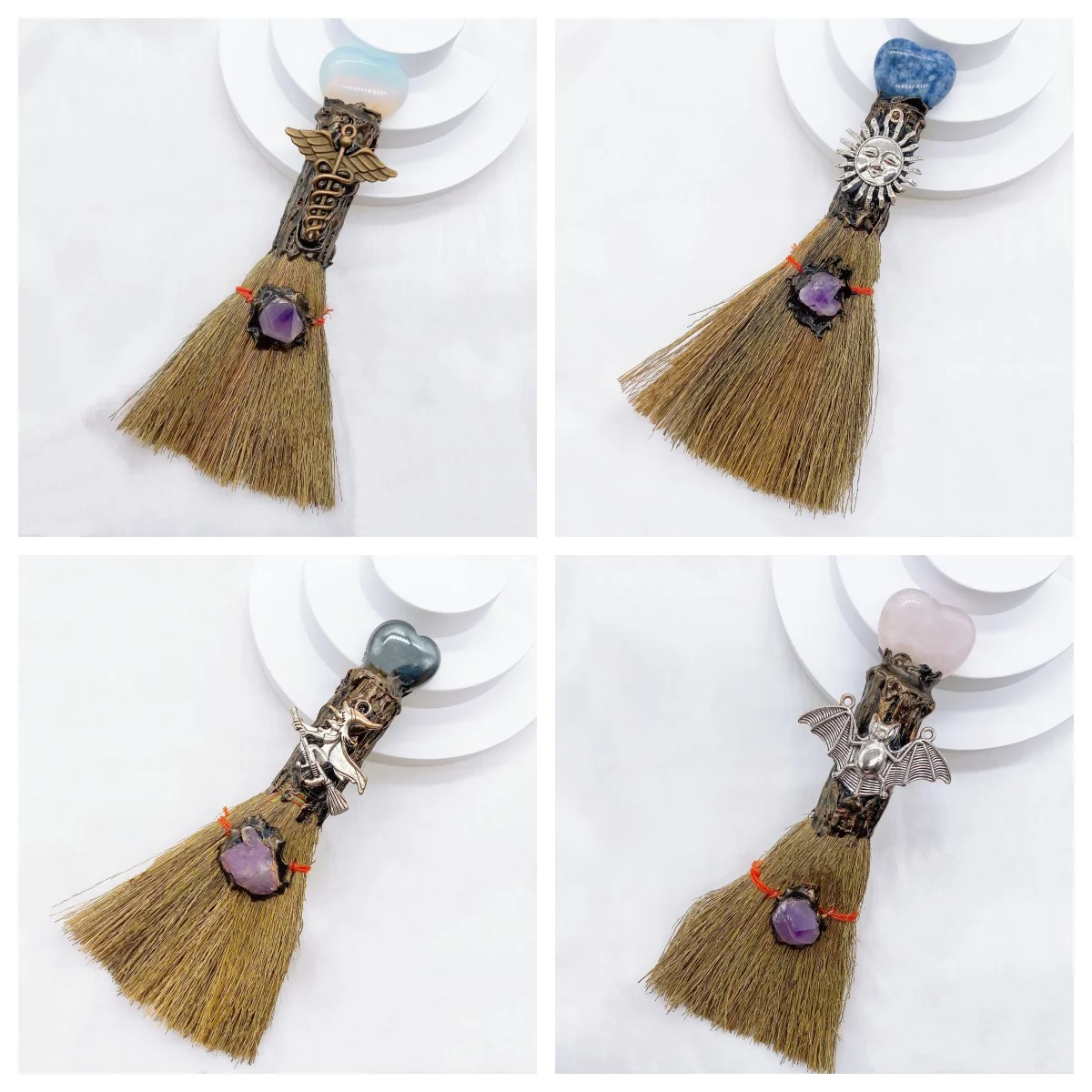 Natural Amethyst Crystal Love Heart Magic Broom Gem Crafts Home Decoration Reiki Healing Witch Broomstick Christmas Gift 4
