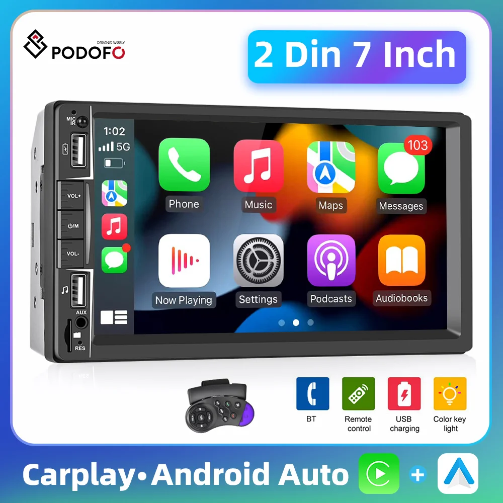 Podofo Universal Carplay Car Multimedia Player Double Din Car Stereo Radio 7 ''Touch Screen Mp5 Bluetooth Tf Ricevitore Radio Fm