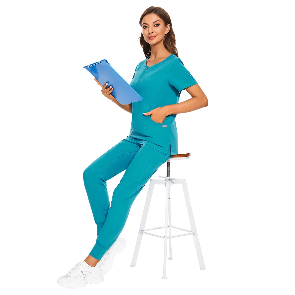 Medical Uniform 7 Colors Zipper V-neck Short Sleeve Pocket Nursing Working Top Pants Uniform