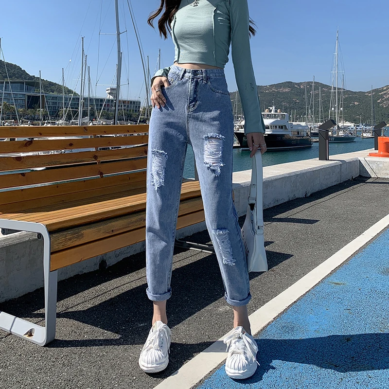 

Jeans female 2022 spring new hole straight tube loose old straight tube high waist thin dad casual beggar