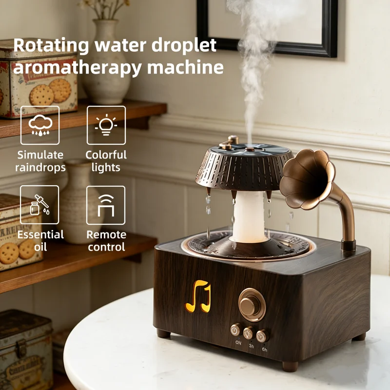 Aromatherapy Spray Humidifier with Remote Control 7-Color Ambient Lighting Vintage Gramophone-Style Rain Drop Design for Bedroom