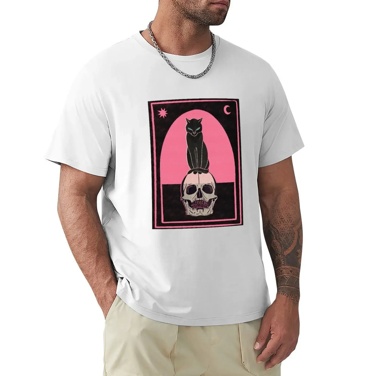 

Cat on skull black and pink T-shirt oversized customizeds mens t shirt