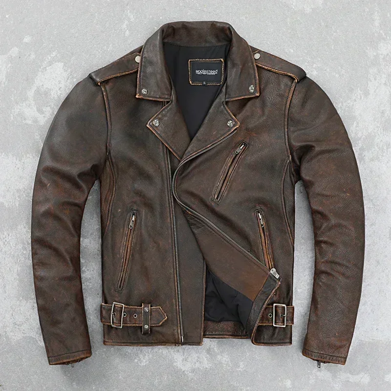 

2024 Cowhide Leather Leather Coat Men's Retro Distressed Motorcycle Cycling Clothing Trendy Youth LapeSpring and Autumn Coats