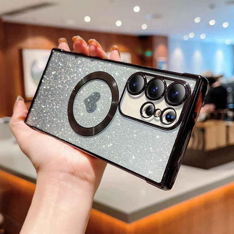 Przezroczyste miękkie etui z brokatem Magsafe do ładowania bezprzewodowego Samsung Galaxy S23 S22 S21 Ultra Plus FE 5G z miłością_voghion.com