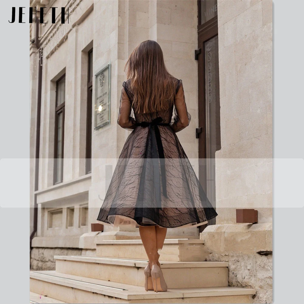 JEHETH Black Long Sleeves Tulle Prom Dress Women Elegant V-Neck Bow A Line Evening Celebrity Party