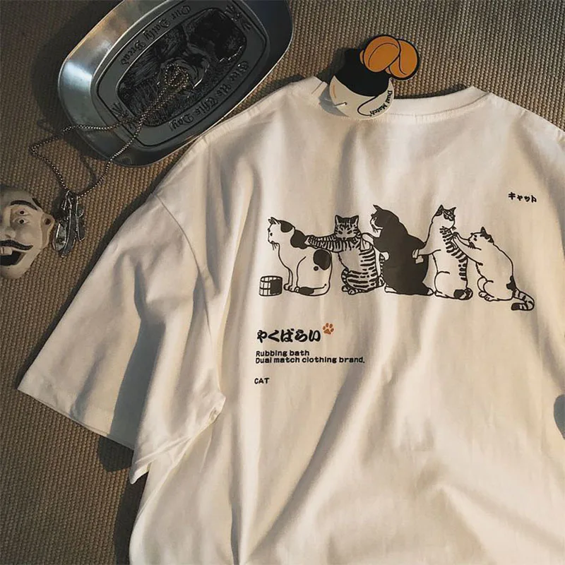 

Summer New Japanese Cartoon Cat Print Oversized T-shirt Short Sleeve Men And Women Streetwear Harajuku Unisex Tees Clothing Tops