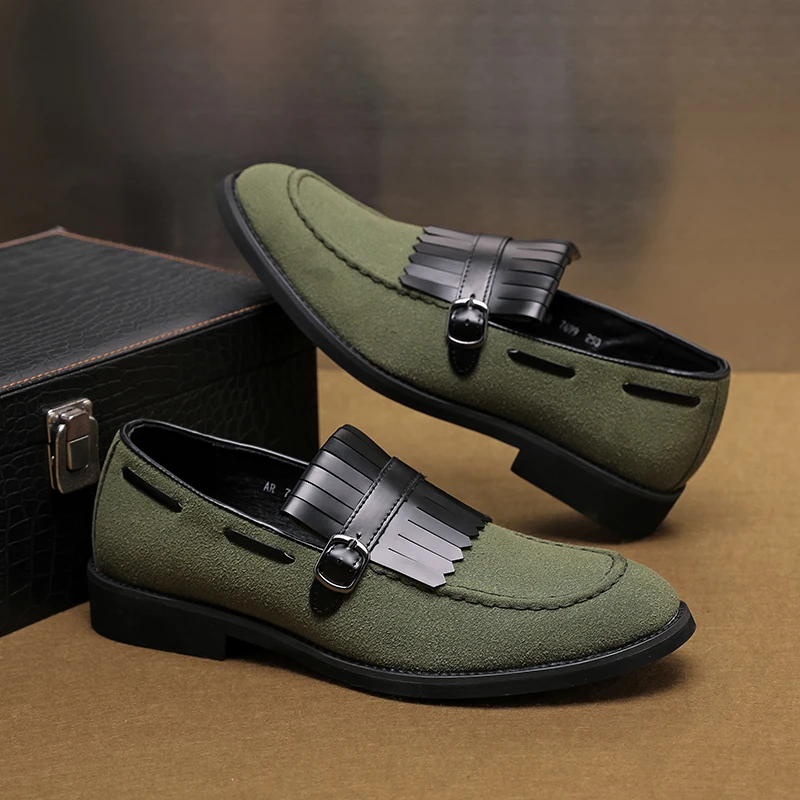 

Italian Brand Loafer Shoes Slip on Black Tassel Fashion Suede Men Shoes Thick Sole Pointed Toe Designer Men Shoes Driving Shoes
