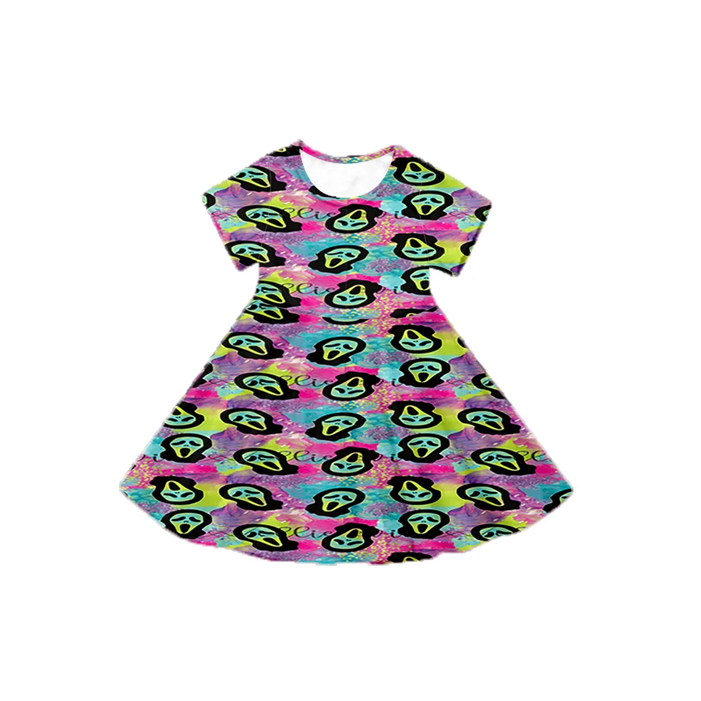 

Halloween New Design Infant Girl Clothes Horror Skull Print Short Sleeve Dress Knee Length Summer Boutique Girl Outfit