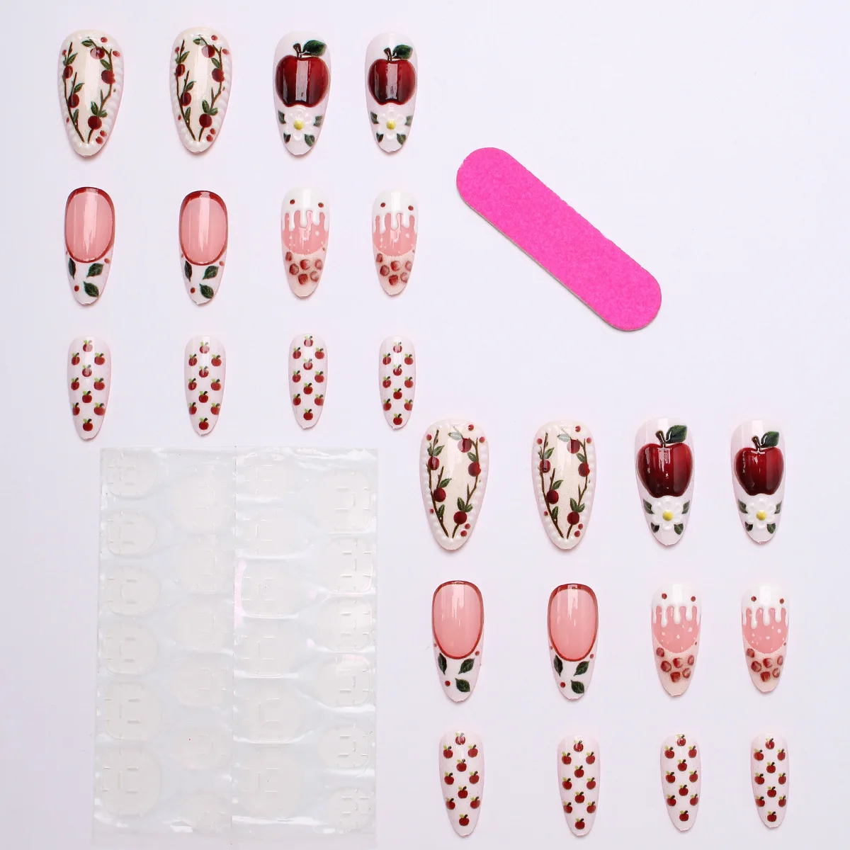 24개입 스위트 쿨 아몬드 인조 손톱 체리 애플 엠보싱 네일 아트 유럽 미국 고급 수제 프린트 프레스온 네일