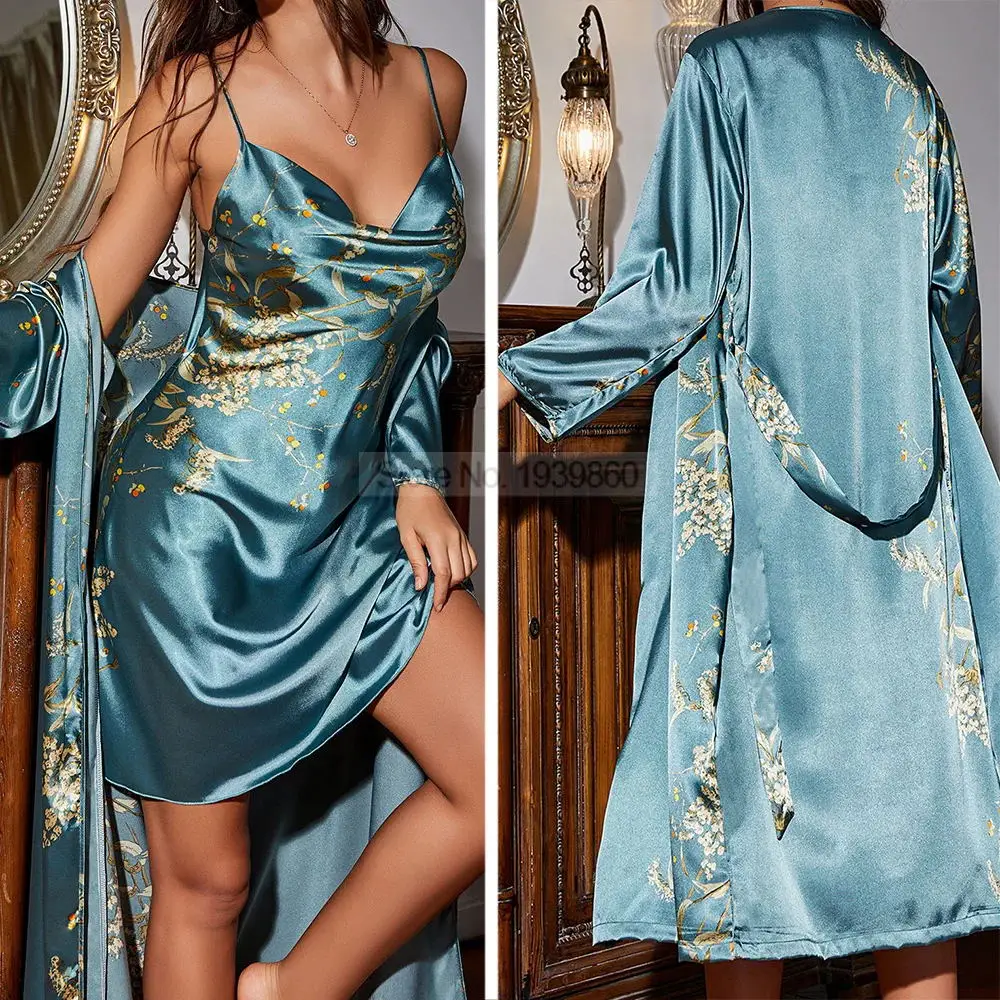 

Spring Summer Female Kimono Bathrobe Gown Nightgown Set Loose Satin Home Dressing Gown Sexy Print Cherry 2Pcs Robe Nightwear