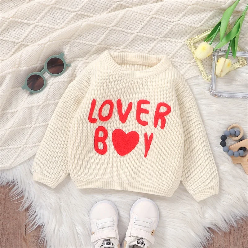 Baby Boy Jumper Knitted Sweaters Long Sleeve Round Neck Love Boy Heart Letter Embroidery Knit Pullovers Tops Knitwear