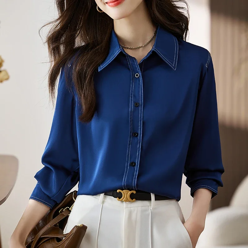 

Chiffon Vintage Women's Shirts Loose Fashion Blouses Spring/Summer Ladies Turn-down Collar Clothing Long Sleeves Solid Tops