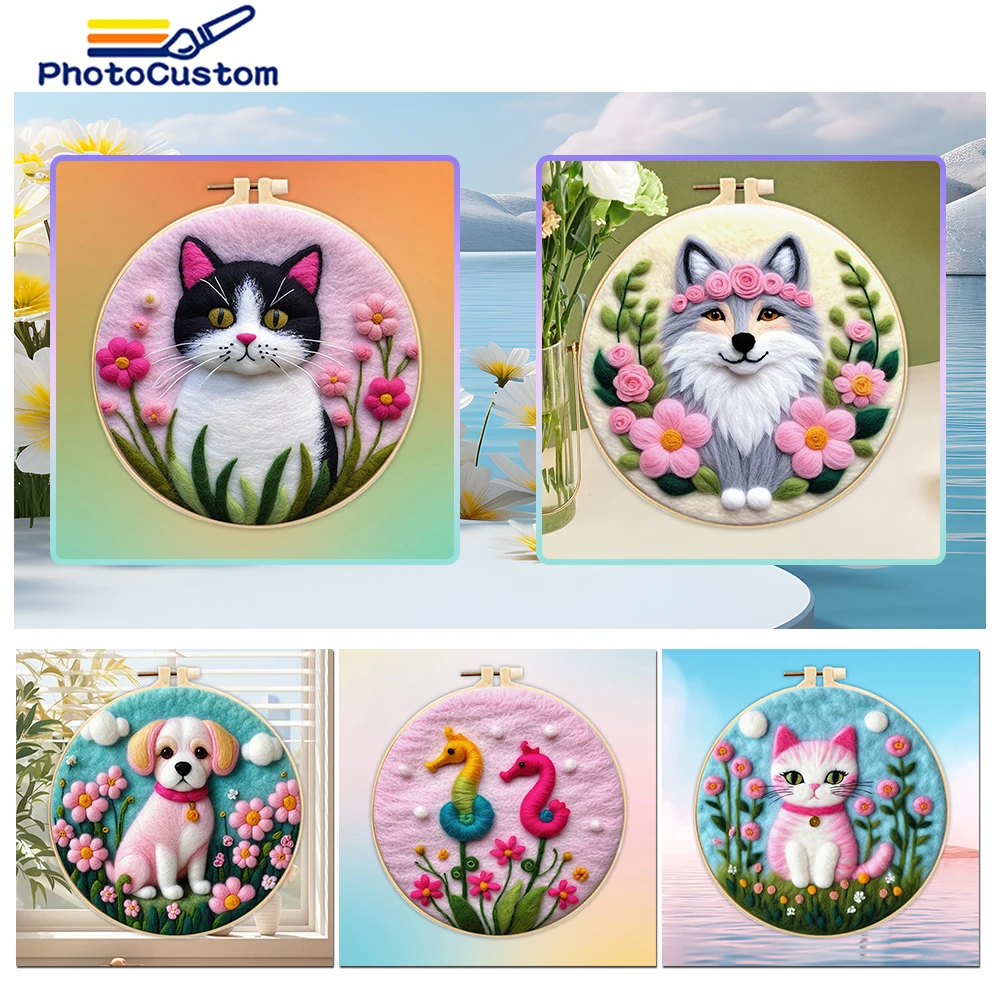 PhotoCustom Wool Felting Package Animal Wolf Needle Felting Painting With Frame Kit For Beginner Cat Wool Felting Needle Decor