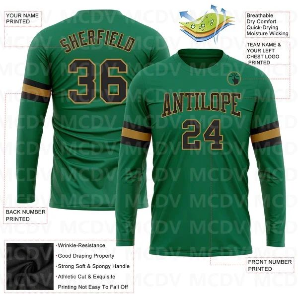 

Custom Kelly Green Black-Old Gold Long Sleeve Performance Salute To Service T-Shirt 3D Printed Long Sleeve T-Shirt