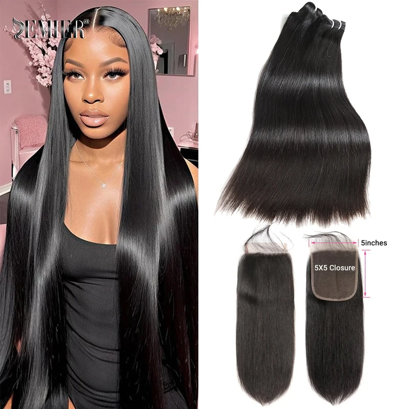 5X5 HD Lace Closure With Bundles Brazilian Straight Bundles 10-32Inch Long Human Hair Weave With 2x6 / 6x6 Lace Closure