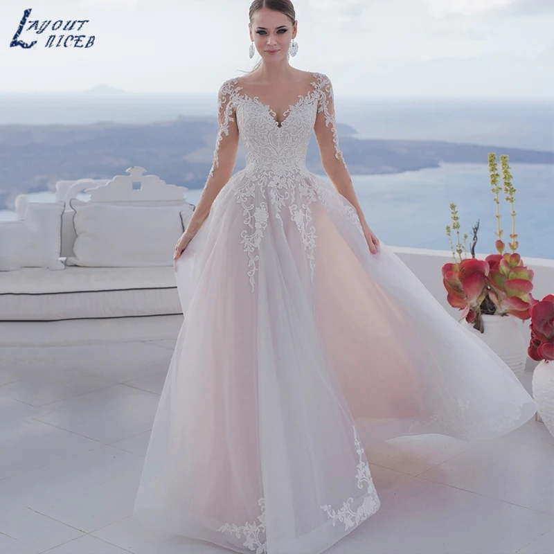 

LAYOUT NICEB Long Sleeve Wedding Dress Lace Appliques Vestido De Novia Blush Pink Elegant Bridal Gown For Bride Custom Made 2023