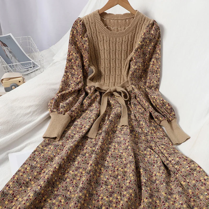 

2022 Sweet Korean Long Dress A-line Corduroy Floral Women Dresses Vintage Knitted Patchwork Vestidos De Mujer