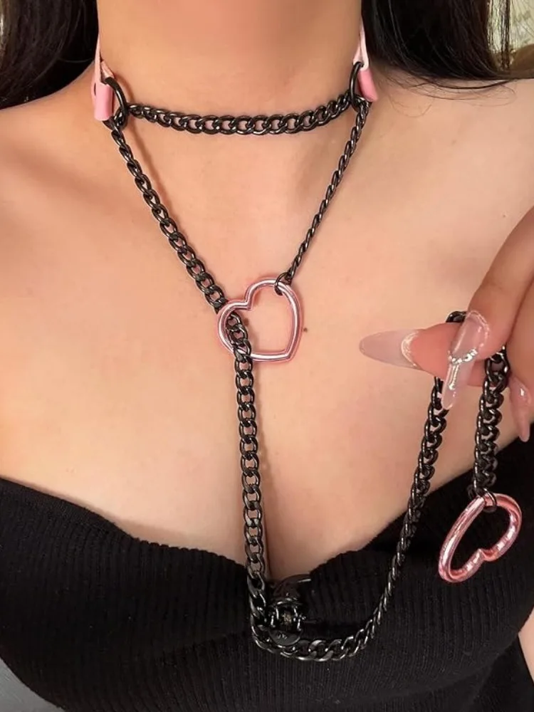 PU-Leder Herz-Slip-Ketten-Halskette aus Edelstahl für Damen, Gothic-Accessoires, Punk, Gothic, Harajuku, Schmuckgeschenke
