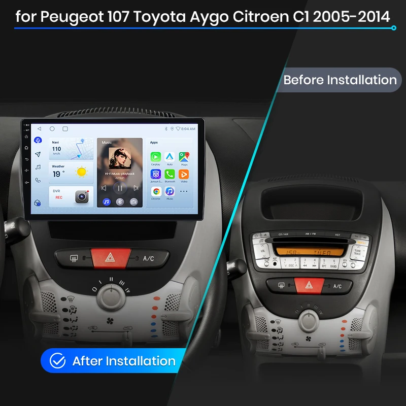 Radio para coche Junsun con CarPlay inalámbrico y Android Auto para Peugeot 107 / Toyota Aygo / Citroen C1 (Mk1) 2005-2014, con ventilador de refrigeración integrado, GPS Android, reproductor multimedia, WiFi, DSP, RDS, BT, SWC, pantalla táctil IPS, autorradio, reproductor de video, unidad principal estéreo. 2