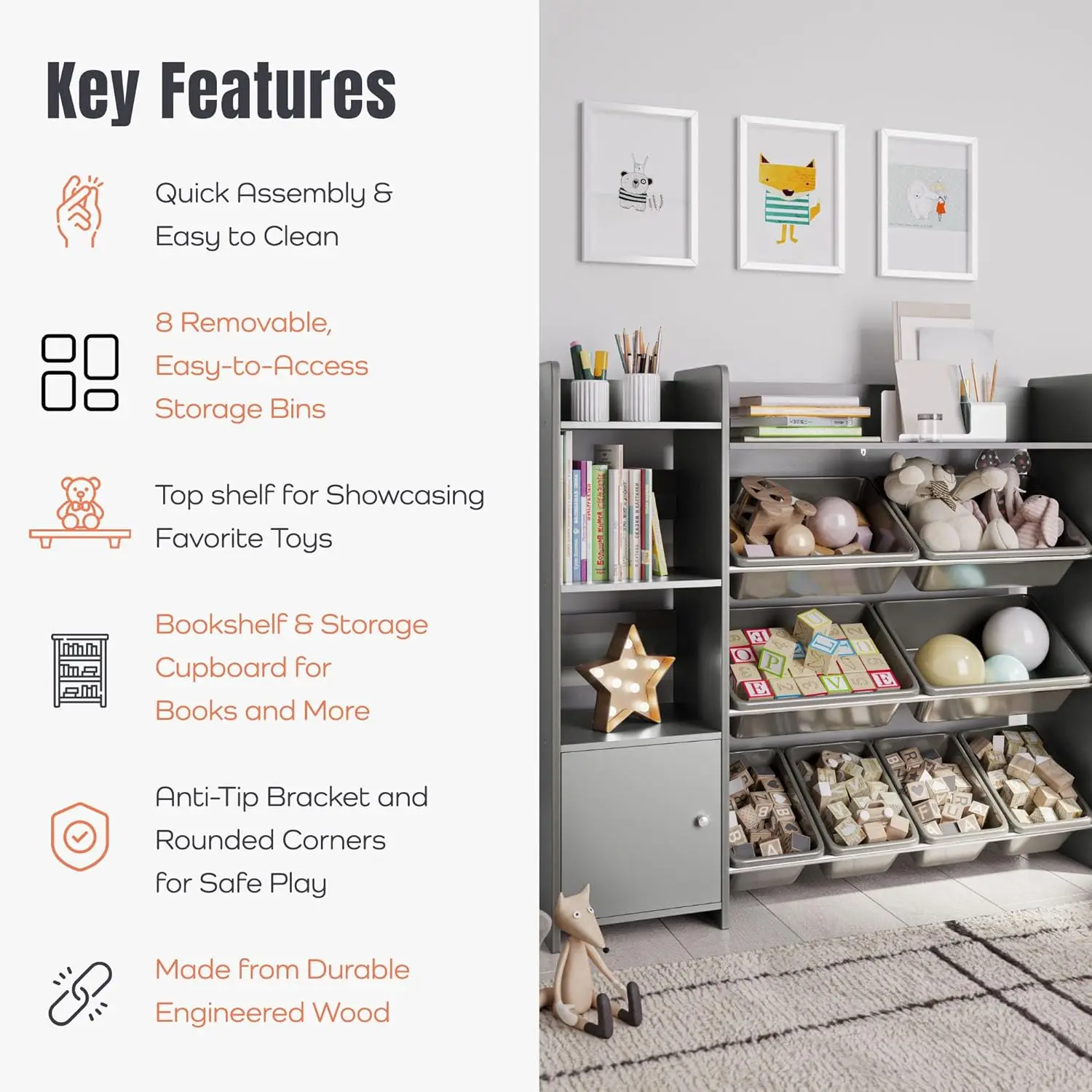 Bookshelf, Kids Playroom Organization Shelving Unit with Removable Storage Bins & Safety Anti-Tip 4