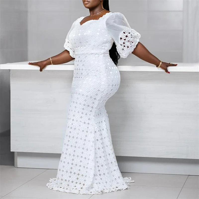 White Women Dress Bodycon Long Maxi Robe African High Waist Trumpet Femme Vestiods Plus Size Dresses S-5XL