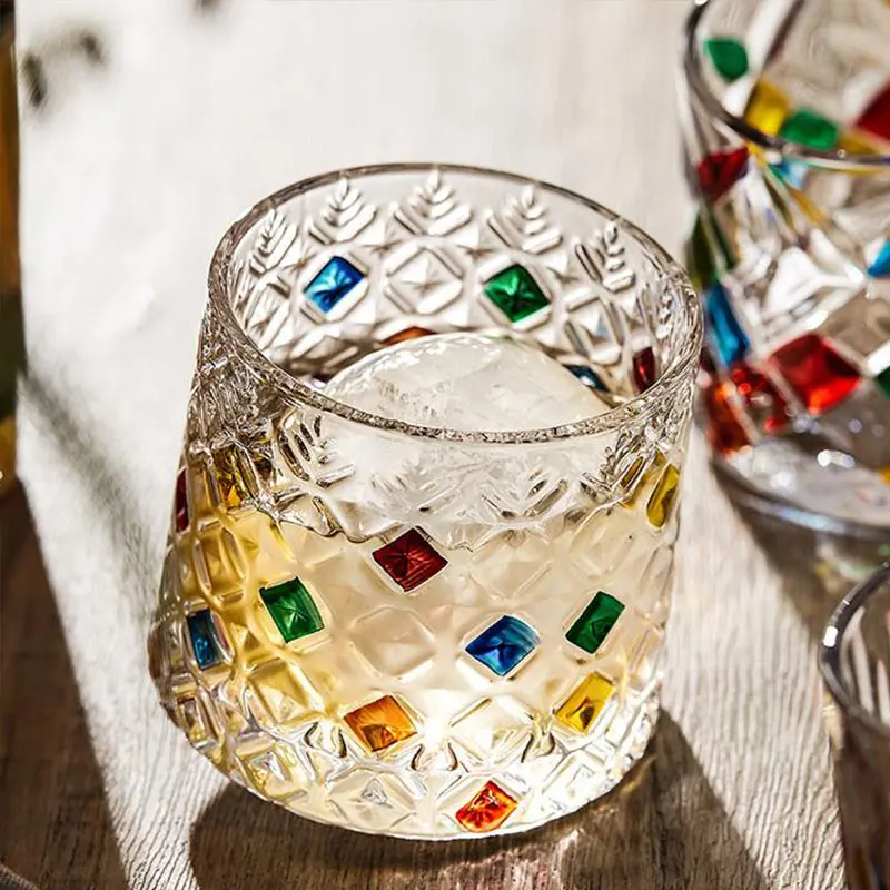 Rotating Crystal Whiskey Glasses With Wooden Coaster Tray Colored Glass Cup High Appearance Colored Stress Relief Glass Cup
