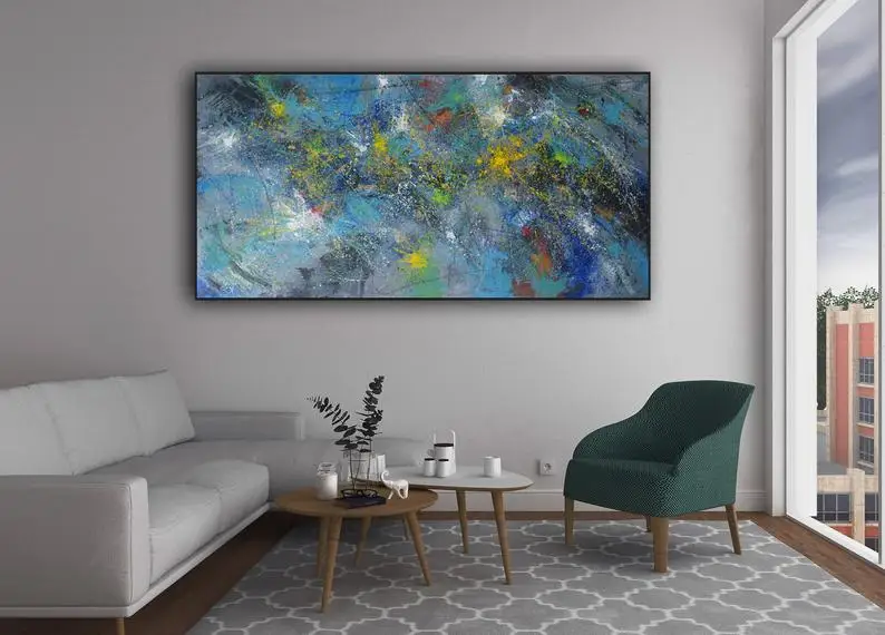 

horizon vertical canvas art Abstract painting Jackson Pollock style, luxury home office decor blue yellow white brightfull color