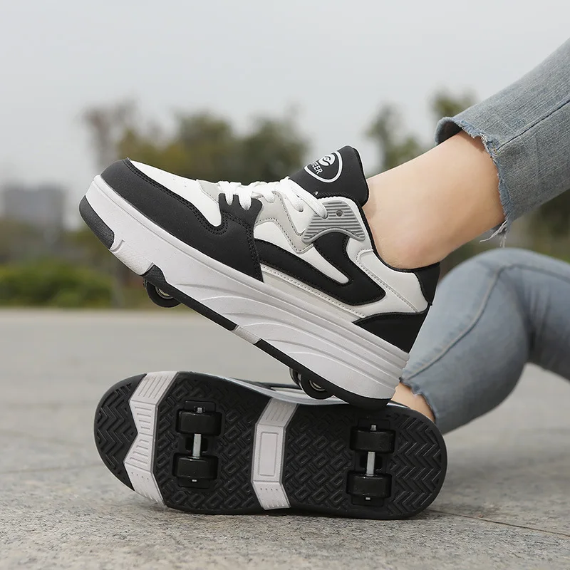 New Four Wheels Women & Girls PU Leather Children Roller Shoes Fashion Boys Sneakers Breathable Kids Skates Size 30-40