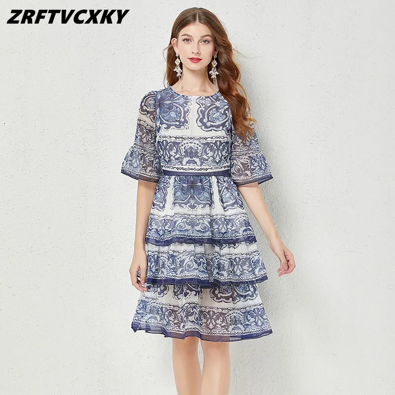 

ZRFTVCXKY Runway Luxury Cascading Ruffles Dresses Women 2023 Summer Flare Sleeve Print Knee Length A-Line Cake Dress Female