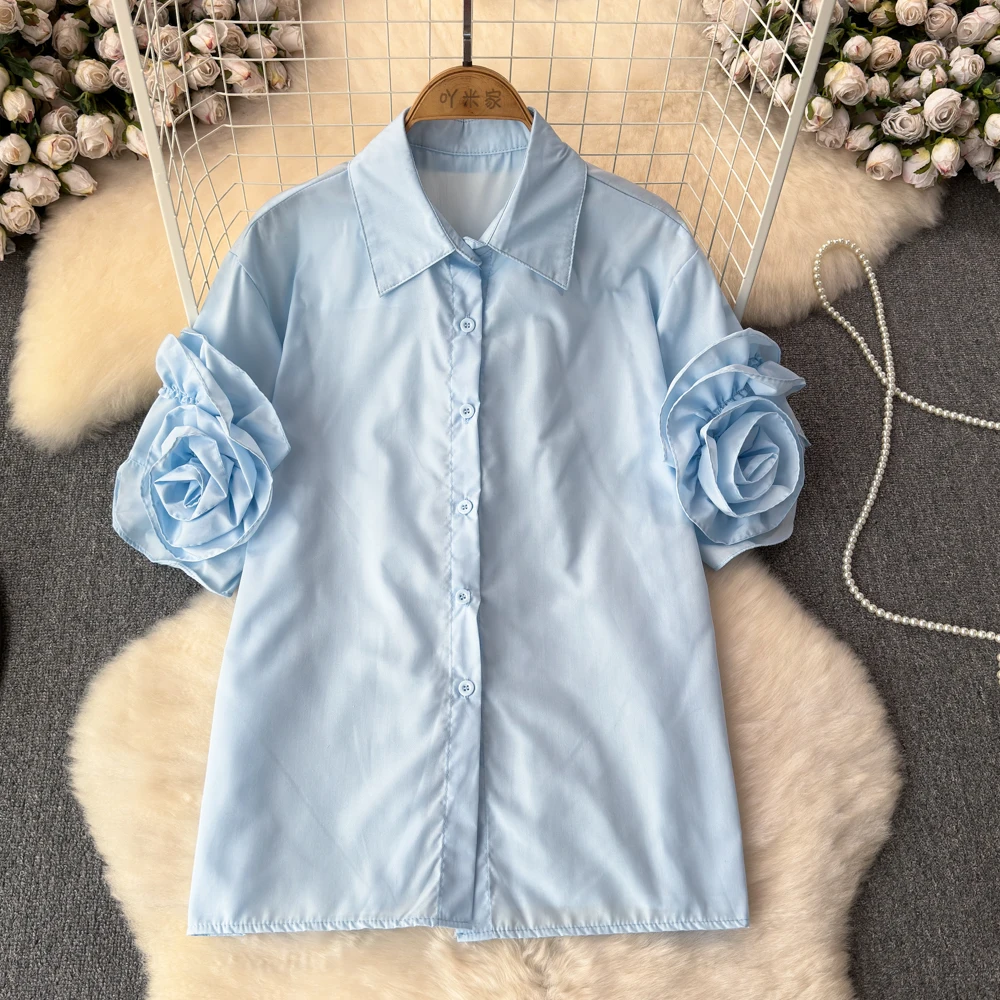 

Блузка женская с отложным воротником и короткими рукавами-фонариками