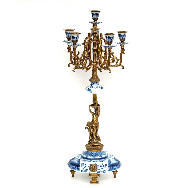 Luxury Antique Gilt Brass Cherub Pedestal Candleholder with Elegant Handpaint Blue and White Porcelain BF11-01303a