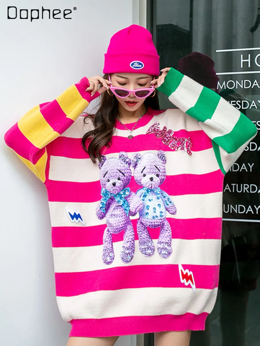

Spring Heavy Embroidery Sequins Loose Striped Sweater Coat Women's Fashion Round Neck Cartoon Long Sleeve Mid-Length Knitted Top