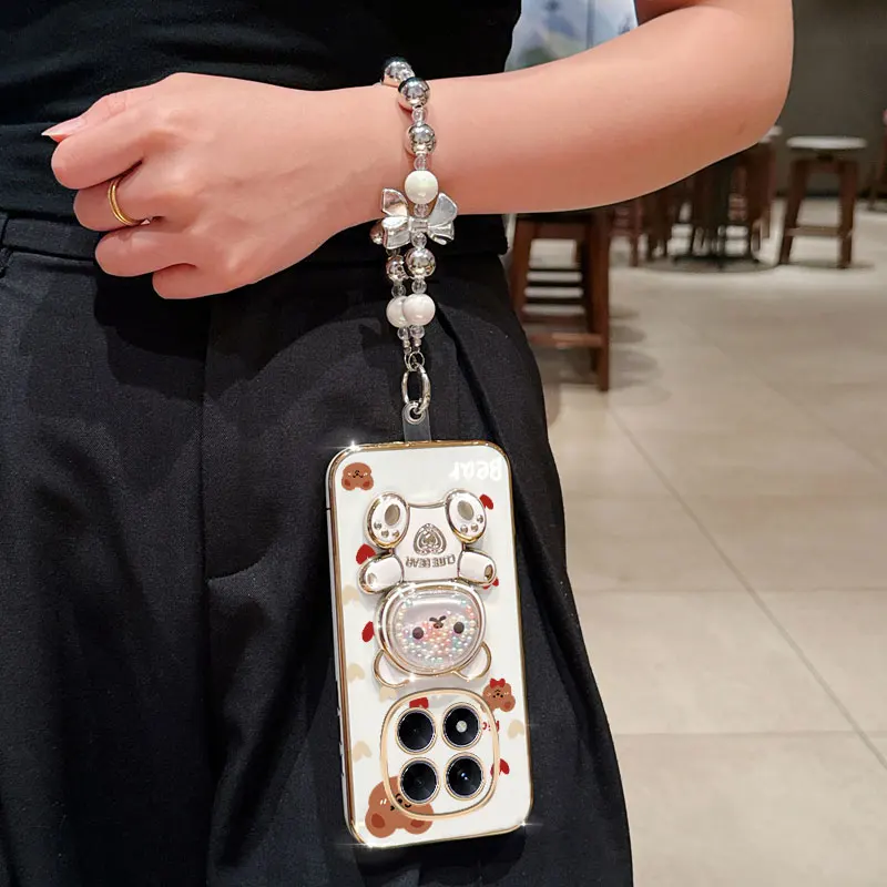 Pearl Strap Lanyard Love Bear Phone Holder Case Cover