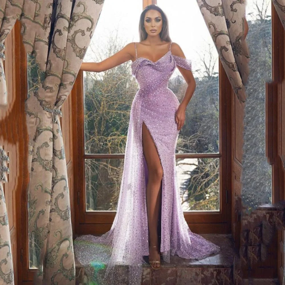 

Newest Stunning Lilac Prom Dresses Ribbon High Slit Beaded Mermaid Gown Floor Length Evening Party Gowns Vestidos De Fiesta