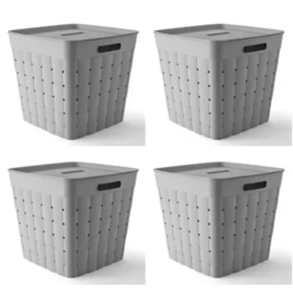 

Your Zone Child and Teen Plastic Wide Weave Gray Stacking Storage Bin with Lid, 4 Pack