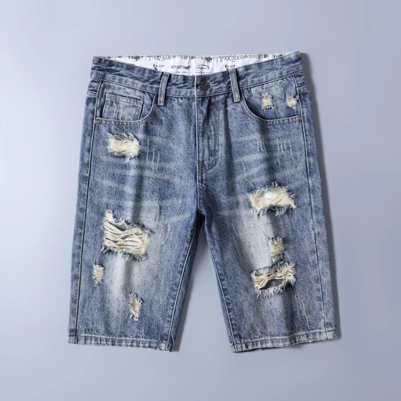 Big Pocket Digital Pasted Denim Shorts Men Summer Scraped Thread End Pure Cotton Slim Fit Fold Stitching Line Broken Hole Zipper