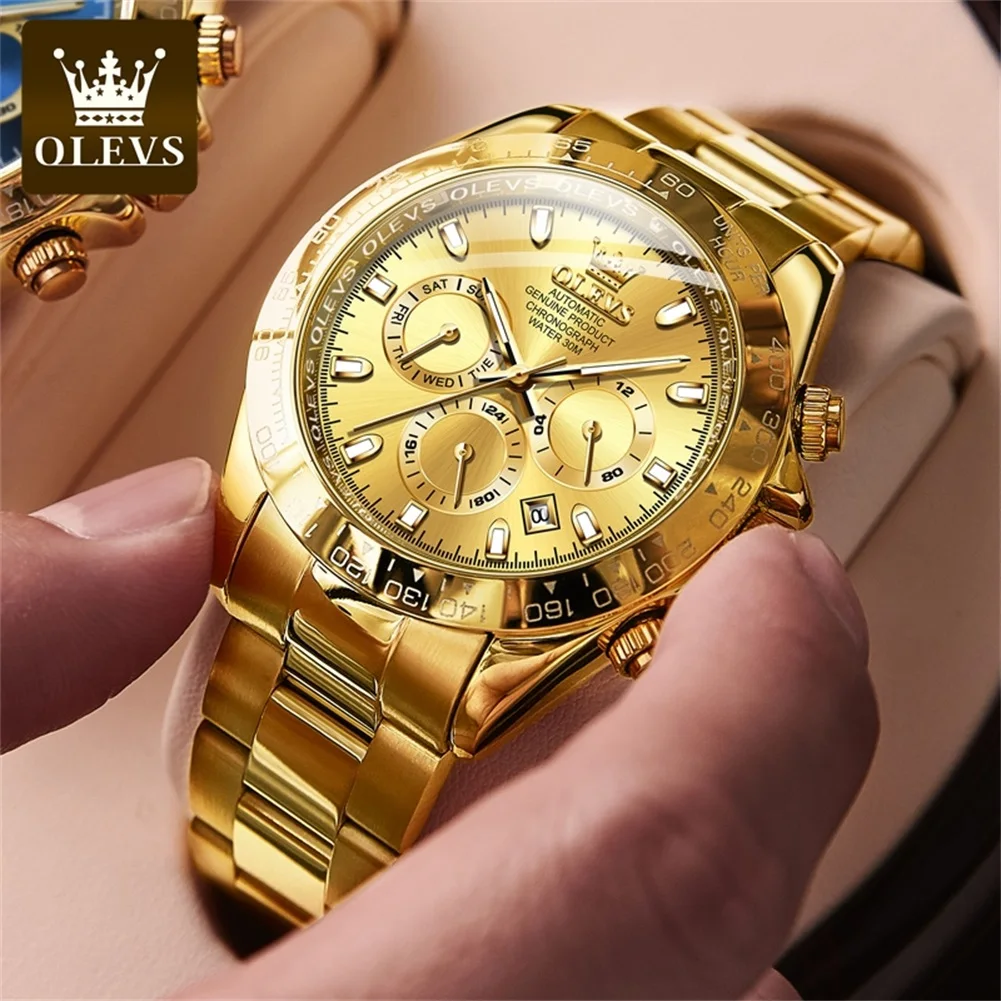 OLEVS Brand New Luxury Gold Mechanical Watch for Men Stainless Steel Strap Waterproof Luminous Automatic Calendar Mens Watches