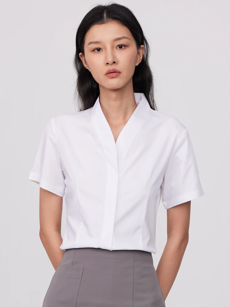 

Ladies Office Summer Short Sleeve V-Neck Dress Shirts Without Pocket Hidden Buttons Placket Slim-fit Female Blouses White Shirt