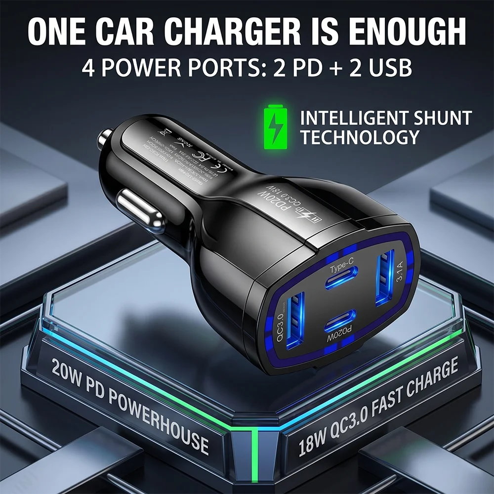 4-портовий автомобільний зарядний пристрій 38W PD USB C, блок швидкої зарядки Quick Charge 3.0 Type C 20W, адаптер для iPhone 17 16 Pro Max, для Samsung