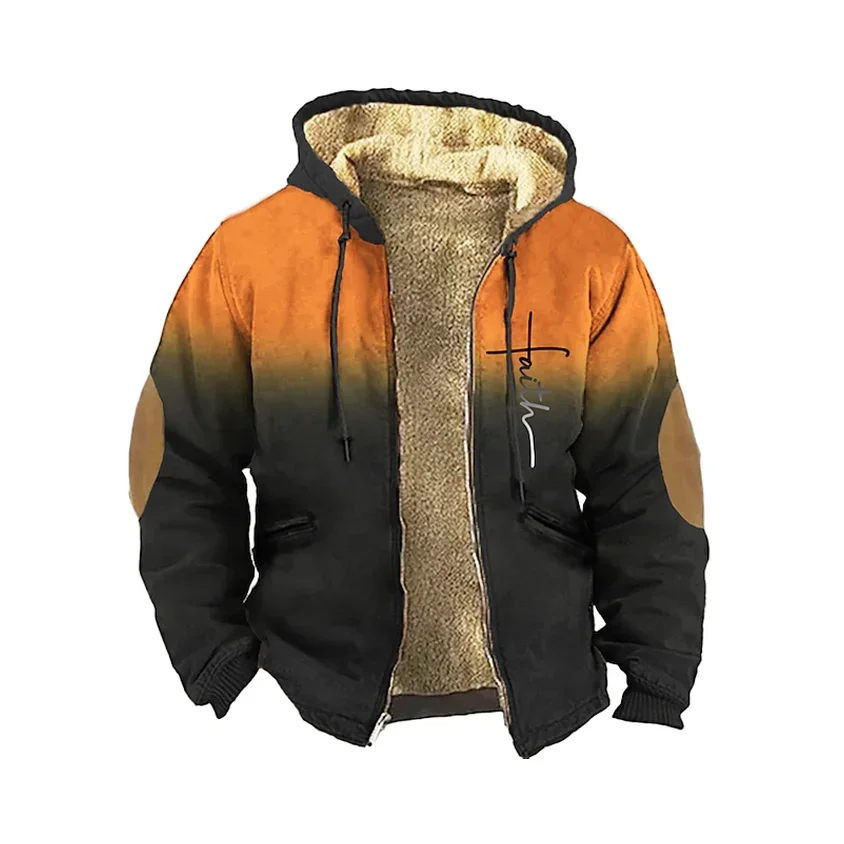 

2023 New Autumn Winter Men Zip Up Hoodies Long Sleeve Fleece Hood Jackets Gradient Patchwork Print Casual Outerwear Sweatshirts