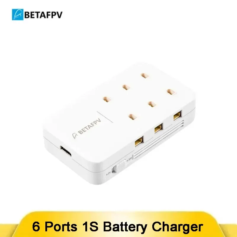 Chargeur multiport 6 ports 1S pour batteries BT2.0/PH2.0 avec adaptateur 30W PD/QC, câbles et batterie LiPo branchée.