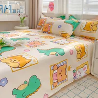 Cartoon Flat Sheet with 2 Pillowcases Soft Comfortable Kawaii Bear Rabbit Dinosaur Print Bed Sheet Set Microfiber Bed Cover,Twin 3