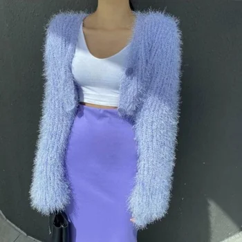 المرأة الأصفر المنك الكشمير سترة مشغولة من الصوف الخامس الرقبة المخملية الموهير سترة معطف بأكمام طويلة البرية أفخم واحدة الصدر المحاصيل القمم - Image 2